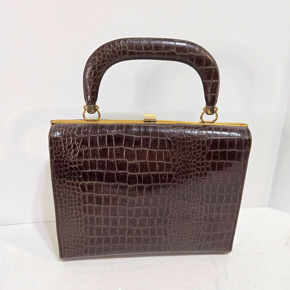 Vtg 50's Womens Handbag Faux Crocodile Embossed Satchel Gold Clasp Top Handle - Picture 2 of 12